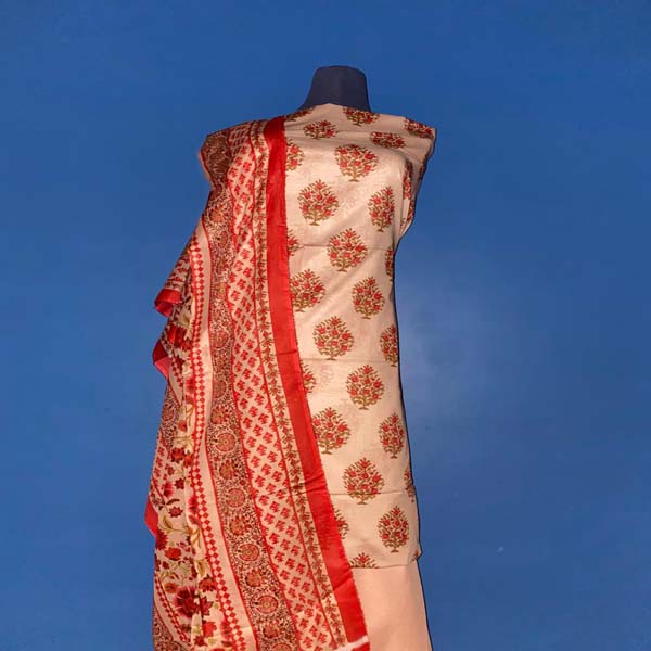 Off-white and Crimson red ( Block print unstitched suit )
