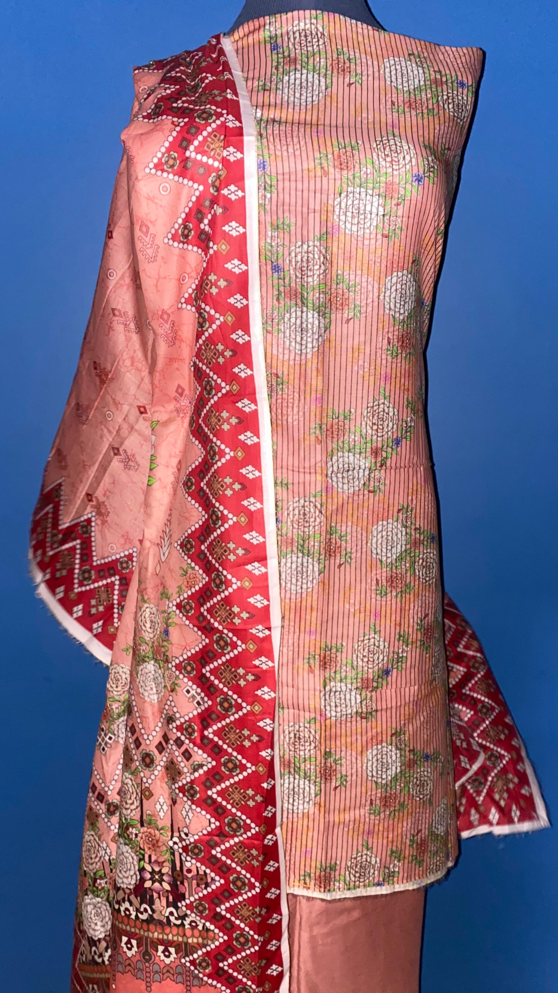 Peach color printed unstitched suit 