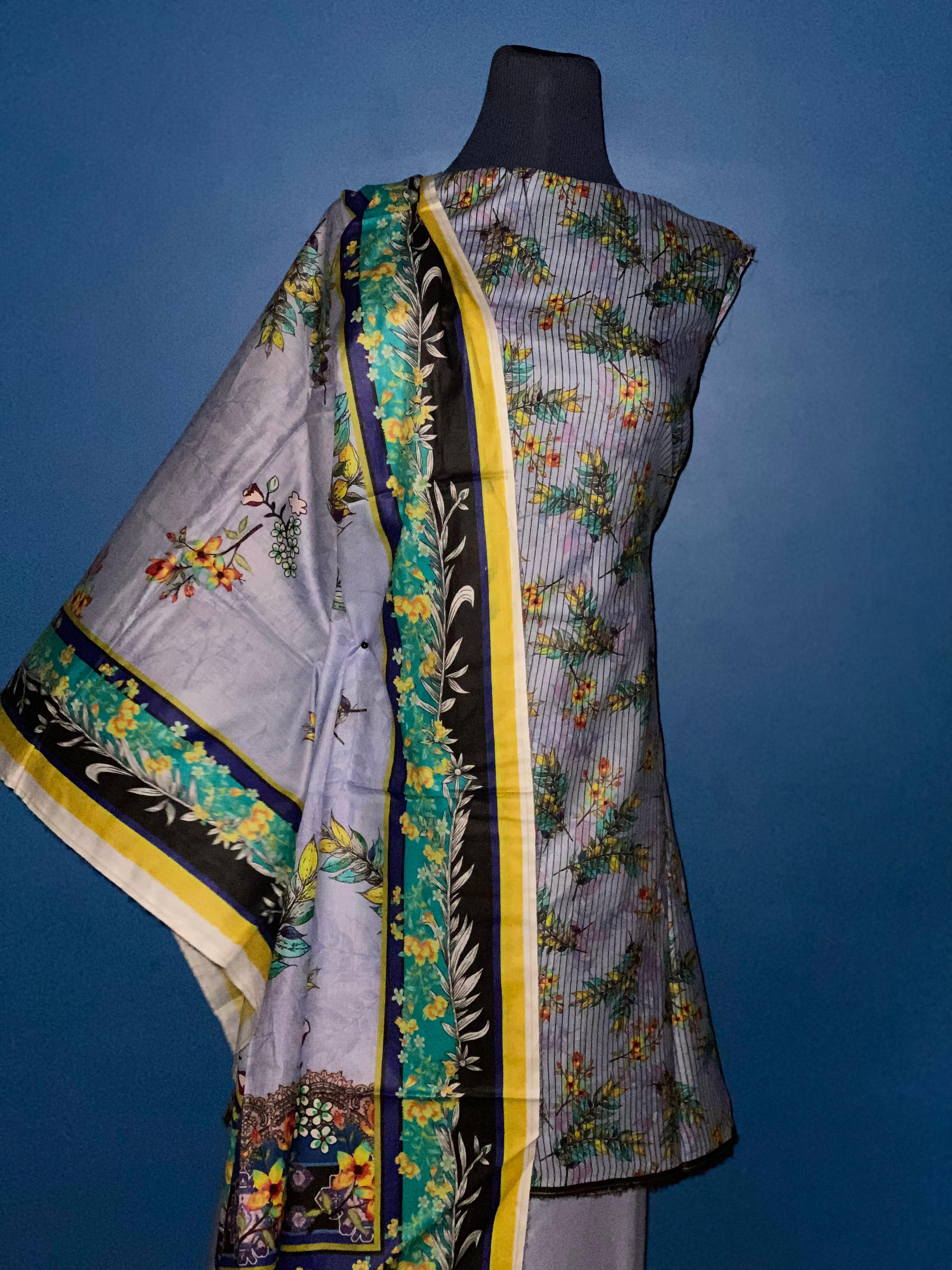 Lavender grey color printed unstitched suit 