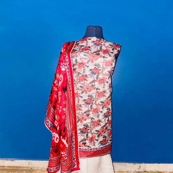 Floral Off-white + coral red ( printed unstitched suit )