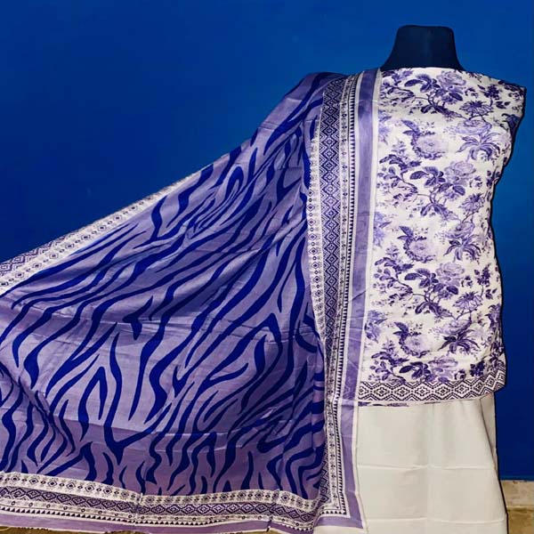 Floral cream and lavender + royal blue ( printed unstitched suit )